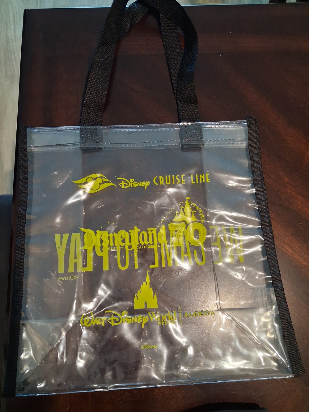 Disney Clear Tote Bag with Yellow Graphics and Black Trim